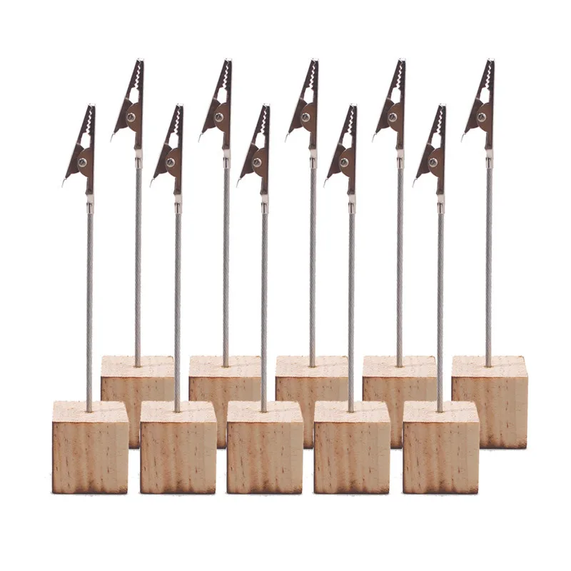 

10Pcs Place Card Holder Wood Cube Stand Alligator Wire Photo Clip Table Number Memo Holder Wedding Party Decor Favor Dropshippin