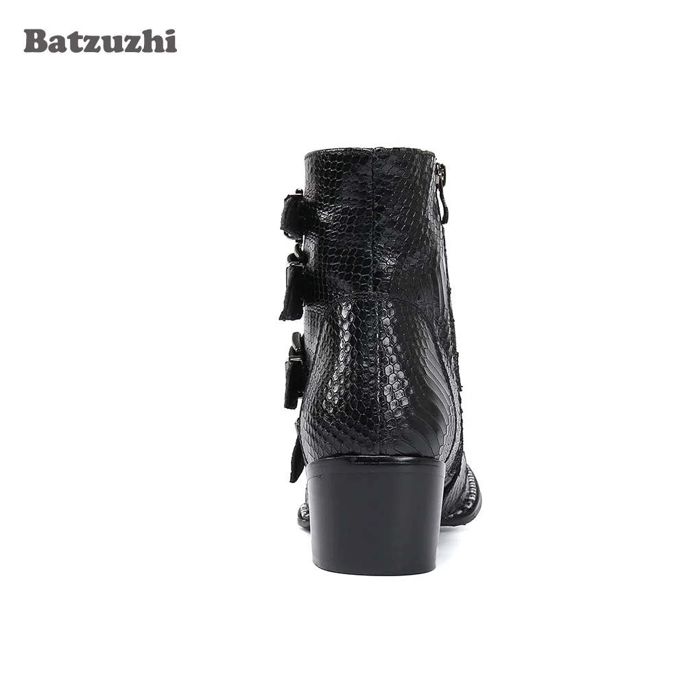 Batzuzhi 6.5cm High Heels Western Cowboy Men's Boots Black Pointed Toe Leather Short Boots Men Buckles Motorcyle/Biking Botas