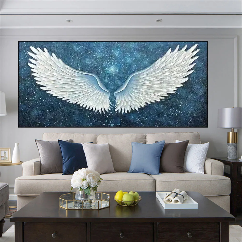 Nordic Angel Wings White Feather Oil Painting Handmade Canvas Picture Wall Paintings Art Living Room Decoration Starry Sky Mural