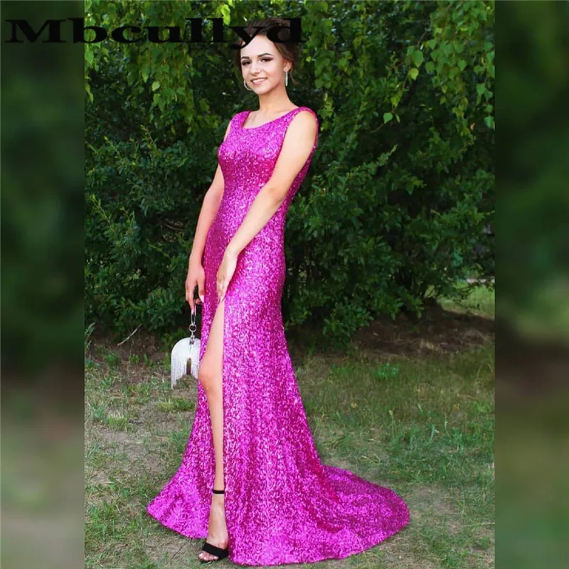 

Mbcullyd Fuchsia Mermaid Prom Dresses Long 2023 Shining Sequined Evening Party Gowns With High Split African Robe De Soiree