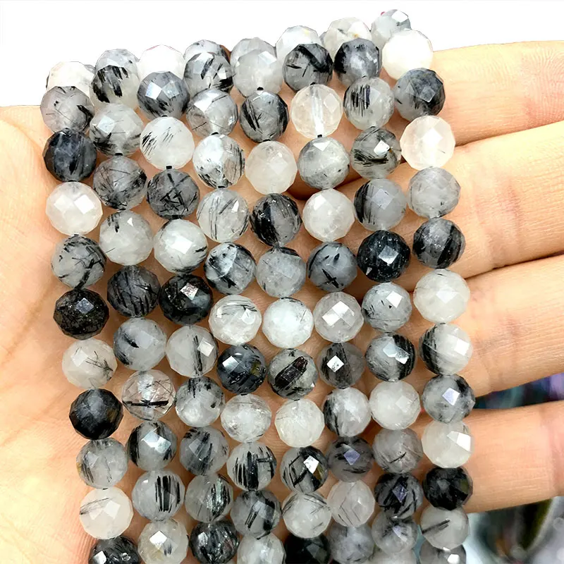 

Fine 100% Natural Faceted Black Rutilated Quartz Round Stone Beads A Gemstone For Jewelry Making DIY Bracelet 6/8/10MM 15''