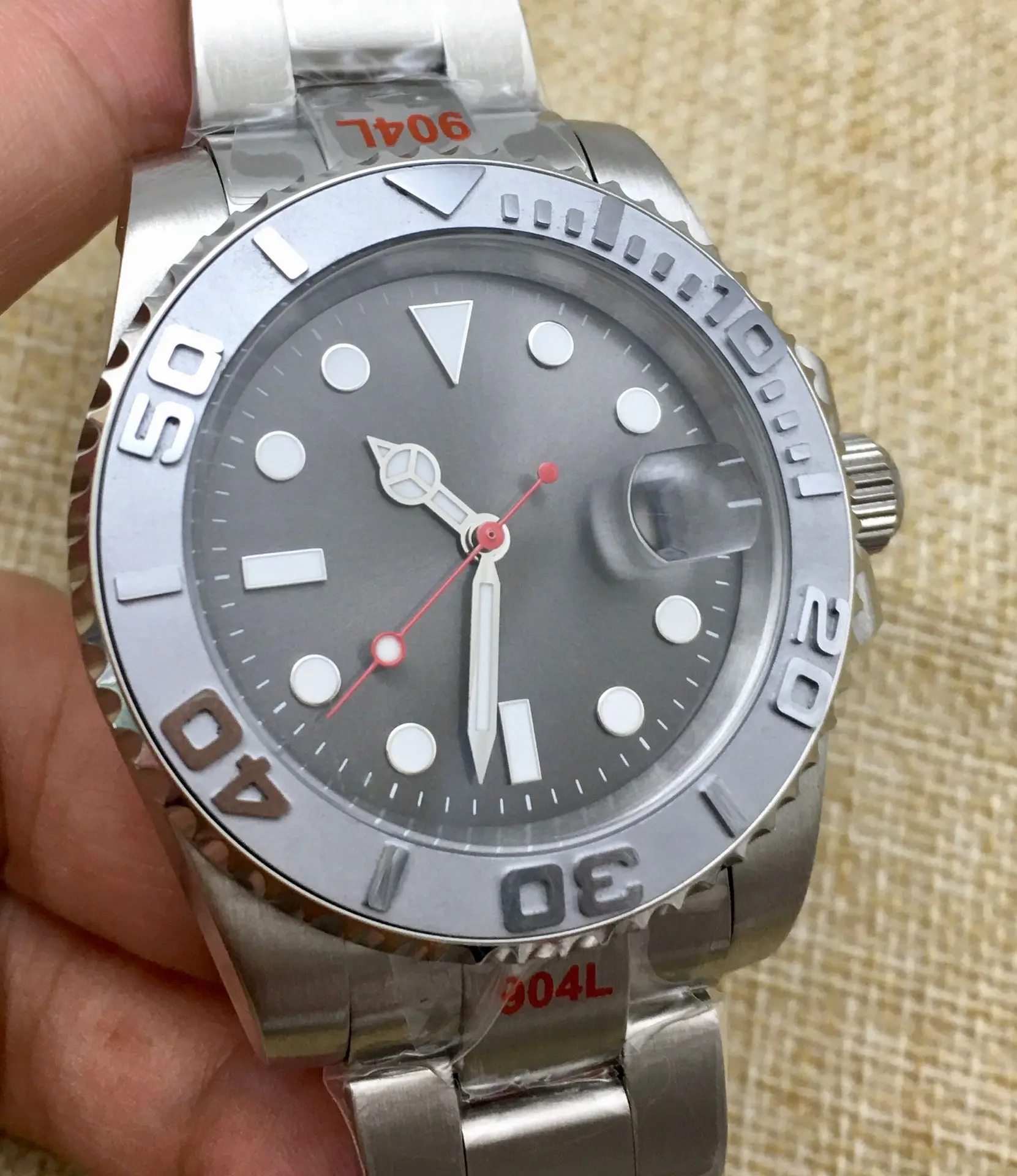 40Mm Grijs Geen Logo Dial Keramische Ring Mannen Automatische Mechanische Horloge Roestvrij Staal Zilver