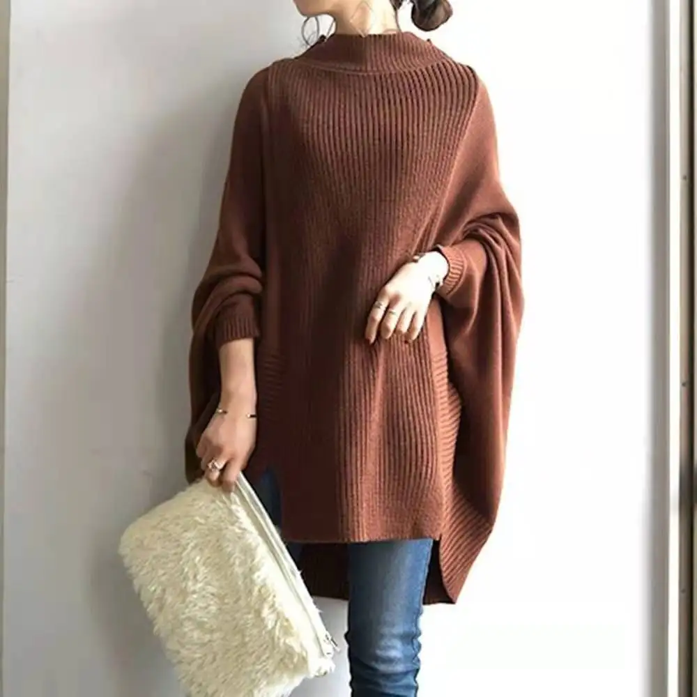 Women's bat sleeve sweater autumn collar irregular long sleeve loose sweater long cloak.