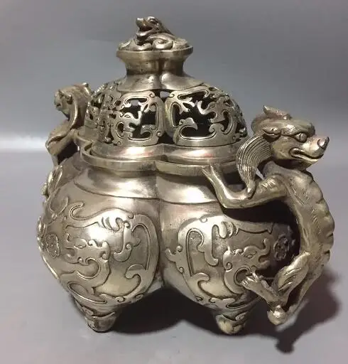 Chinese White Bronze Sculpture Double Dragons And Three Legs Hollow Out Incense Burner Censer Geomantic Water Decoration