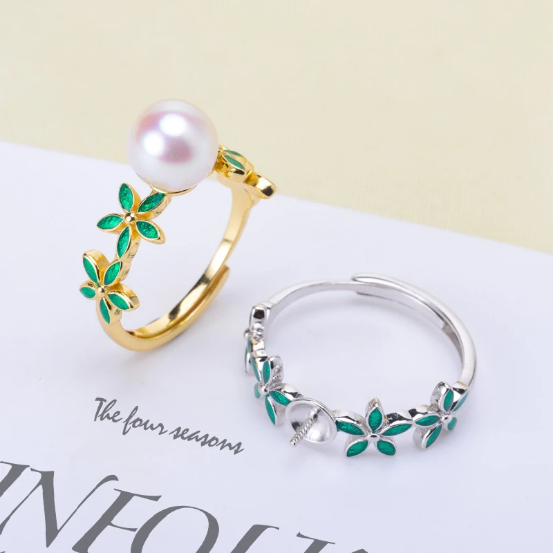 

3Pcs/Lot Green Color Flower Rings Mountings S925 Sterling Silver Pearl Rings Fittings Women DIY Pearl Jewelry Acceessory