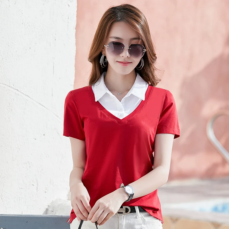 2023 Summer New Short-sleeved T-shirt Women\'s Lapel Fake Two-piece Shirt Casual Slim Solid Color Cotton Top