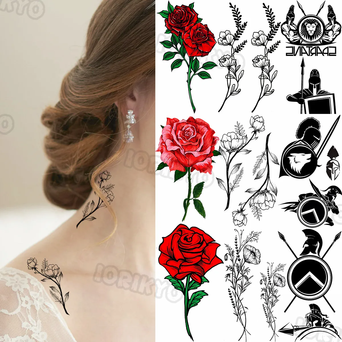 

Black Plant Temporary Tattoos Small For Women Girls Realistic Samurai Arrow Rose Flower Fake Tattoo Sticker Body Neck Tatoos 3D