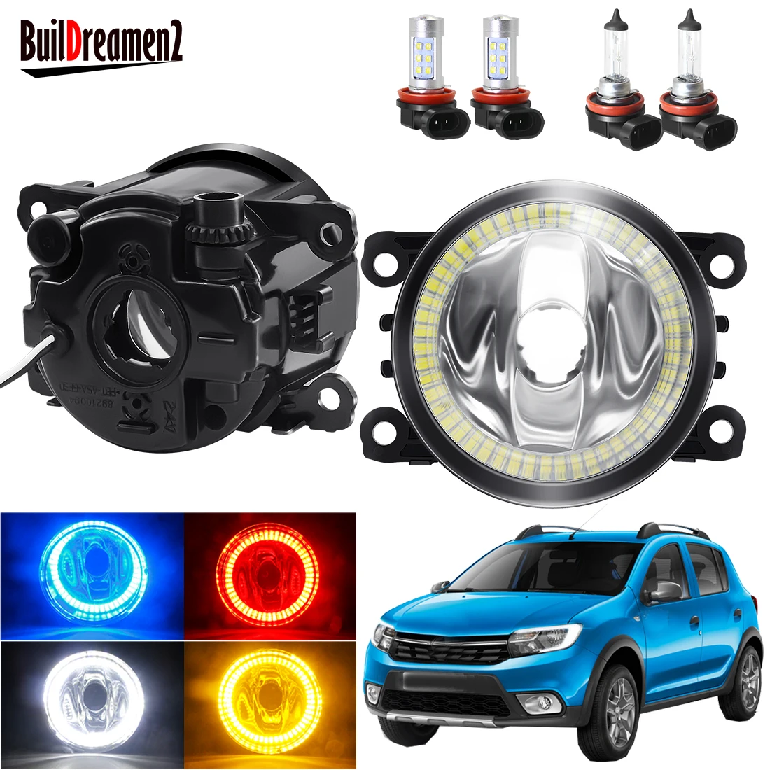 Angel Eye Fog Light For Renault Sandero Stepway Hatchback 2008-2015 Car Front Bumper Fog Light Assembly Halo Ring DRL H11 12V