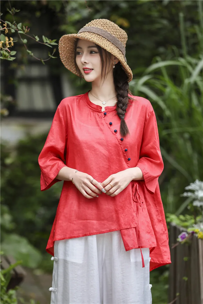 Summer new national style button top cotton linen retro Chinese ramie short sleeve shirt women sun proof blouse