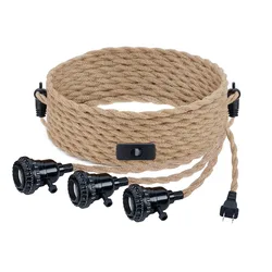 3 Heads Loft Hang Light with Rope Vintage 3 Heads Pendant Light Holder Hemp Cord Set Socket Bedroom Living Room Pendant lamp