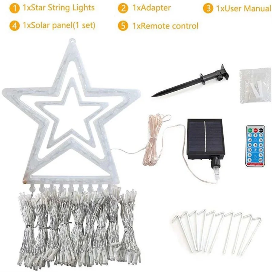 Luces solares de hadas de estrella de Navidad, luces de árbol de Navidad de cascada con adorno de estrella, guirnalda de luz para decoración al aire libre, 9x3,5 m