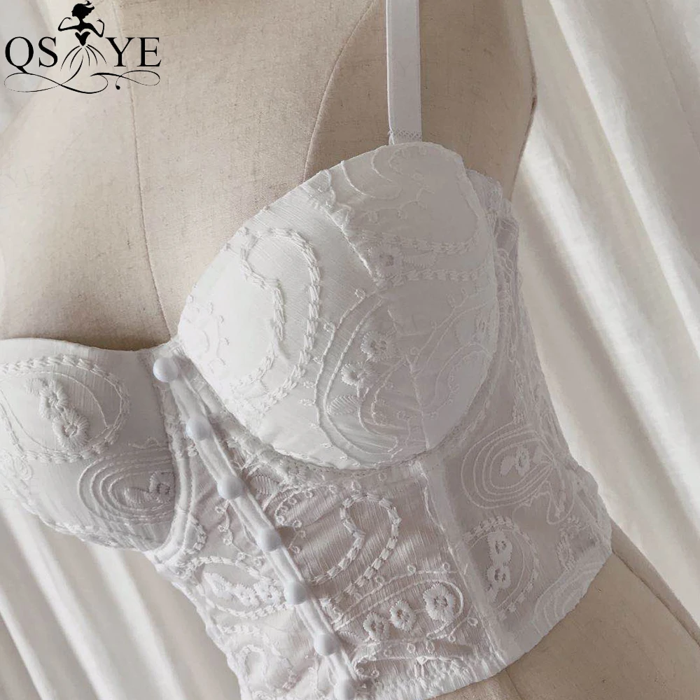 QSYYE-vestido de novia blanco Sexy para mujer, Top corto con costuras de malla, botones, patrón de ombligo para club nocturno, vestido de fiesta de encaje