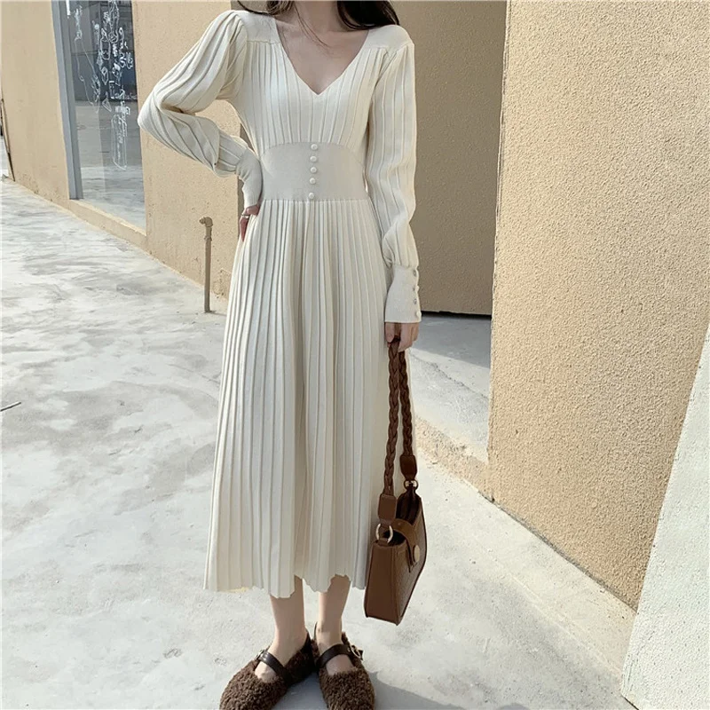 

Fashion Women V-neck Maxi Dress Long Sleeve Knit Long Sweater Dresses Oversized Woman Dress