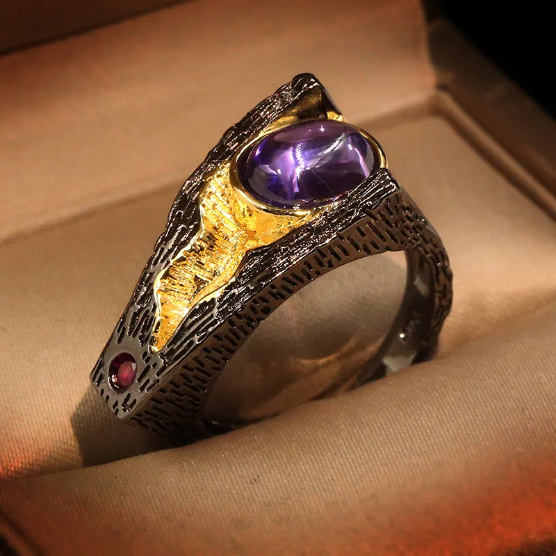 Women's Vintage Chinese Style Lotus Leaf Amethyst Ring