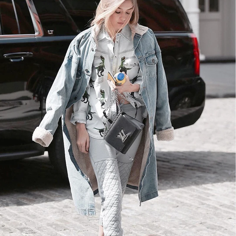 

cowboy Thickened lambskin in winter long cashmere denim trench coat old oversize cotton-padded jacket coat faux leather