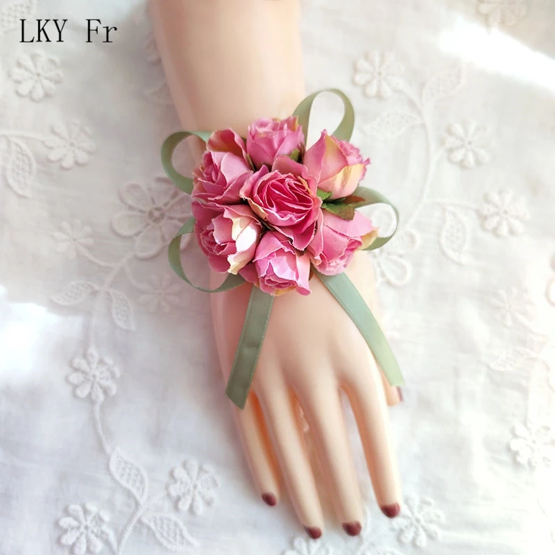 LKY Fr – Bracelet de demoiselle d'honneur, fleurs sur la main, Roses artificielles en soie, rouge, accessoire de mariée, boutonnière