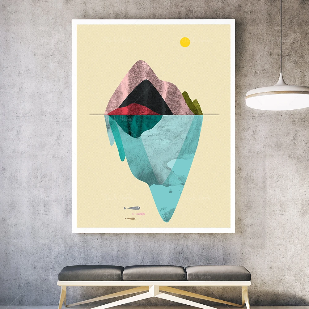 Hot Air Balloon over Mountain, Abstract Seascape, Lonely Boat Nordic Art, Yellow Blue Scenery, Island Sea Boat, Scandinavian