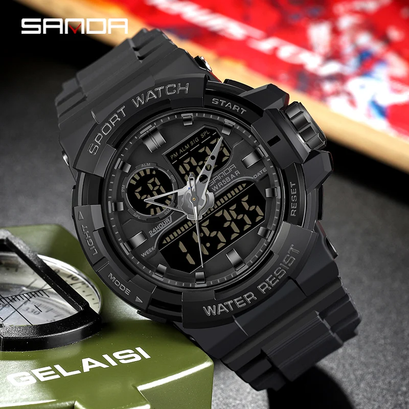 SANDA Brand Men Sports Watches Dual Display Analog Digital LED Electronic Quartz Wristwatches Waterproof Swimming Military Watch