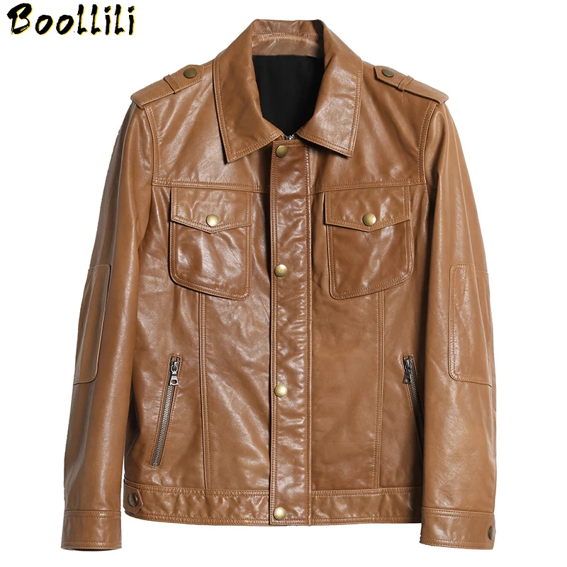 

Genuine Boollili Men's Leather Jacket 100% Real Cow Leather Coat Spring Autumn Vintage Biker Motorcycle Jacket Slim