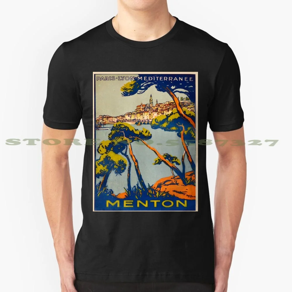 Vintage Poster - Menton 100% Cotton T-Shirt Retro Classic Hip Cool Fun Colorful Travel Tourism Tourist Vacation Scenic European