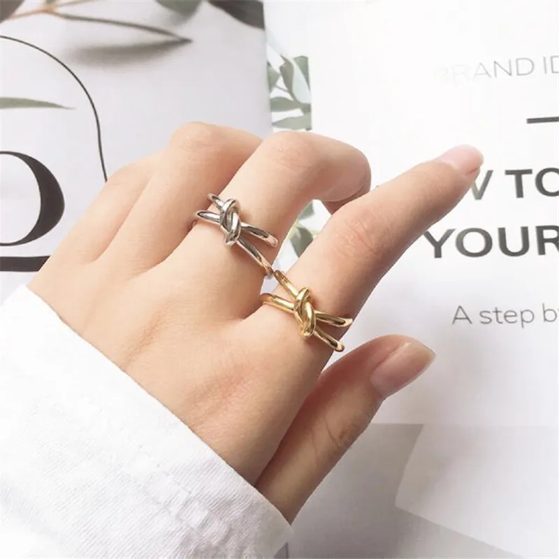 خط شخصية الموضة عقدة مزدوجة 925 فضة مجوهرات هندسية غير متماثلة المنسوجة افتتاح خواتم رائعة TYB407