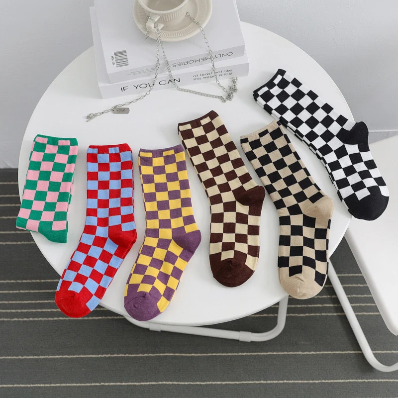 1pair Cotton Fashion Hip Hop Man woman unisex Socks Harajuku youth girl lady plaid Skating checkerboard Happy Socks Funny Sokken