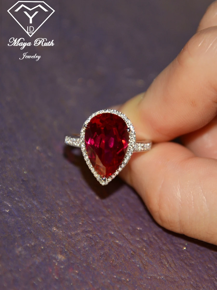 Gemaakt Ruby Real Echt 925 Sterling Silver Party Cocktail Ring Voor Vrouwen Peer Druppelvorm Imitatie Rode Edelsteen Vrouwelijke Geschenken