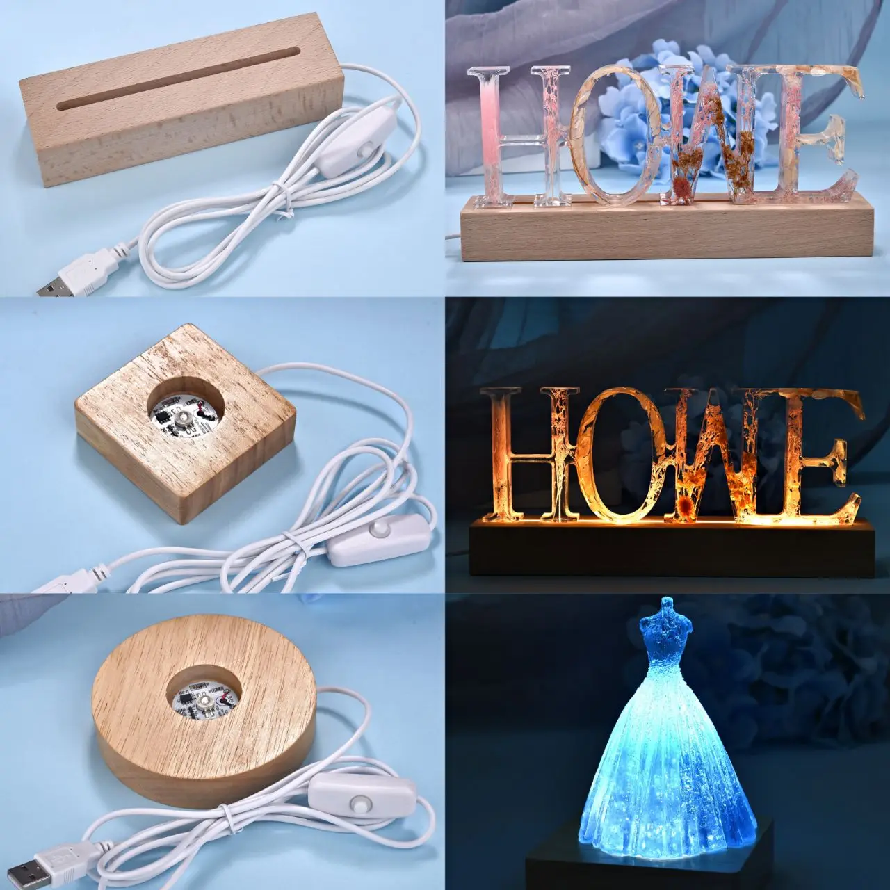 LED Lighting Wooden Base Crystal Epoxy Resin Glue Glass Ornaments Wood Products Night Light Base Lamp Holder Lighting Decoration