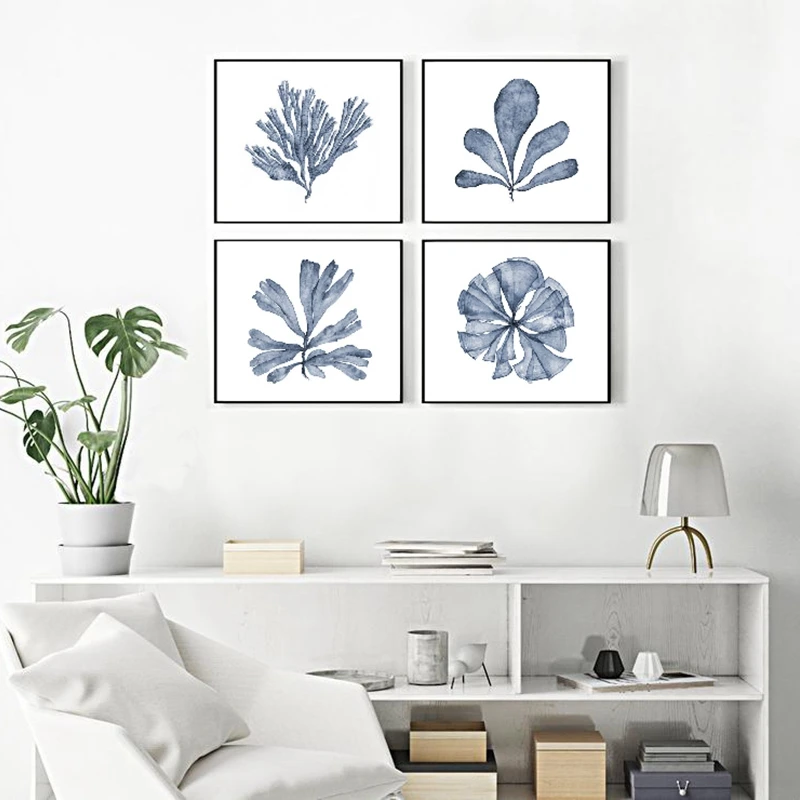 Blue Coral Sea Fan Posters and Prints Modern Watercolor Hamptons Style Art Canvas Painting Coastal Pictures Home Wall Art Decor