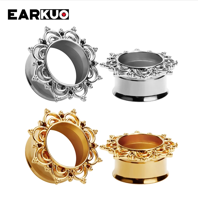 EARKUO Fashionable Quality Stainless Steel Flower Ear Gauges Tunnels Expanders Piercing Body Jewelry Ear Plugs Stretchers 2PCS