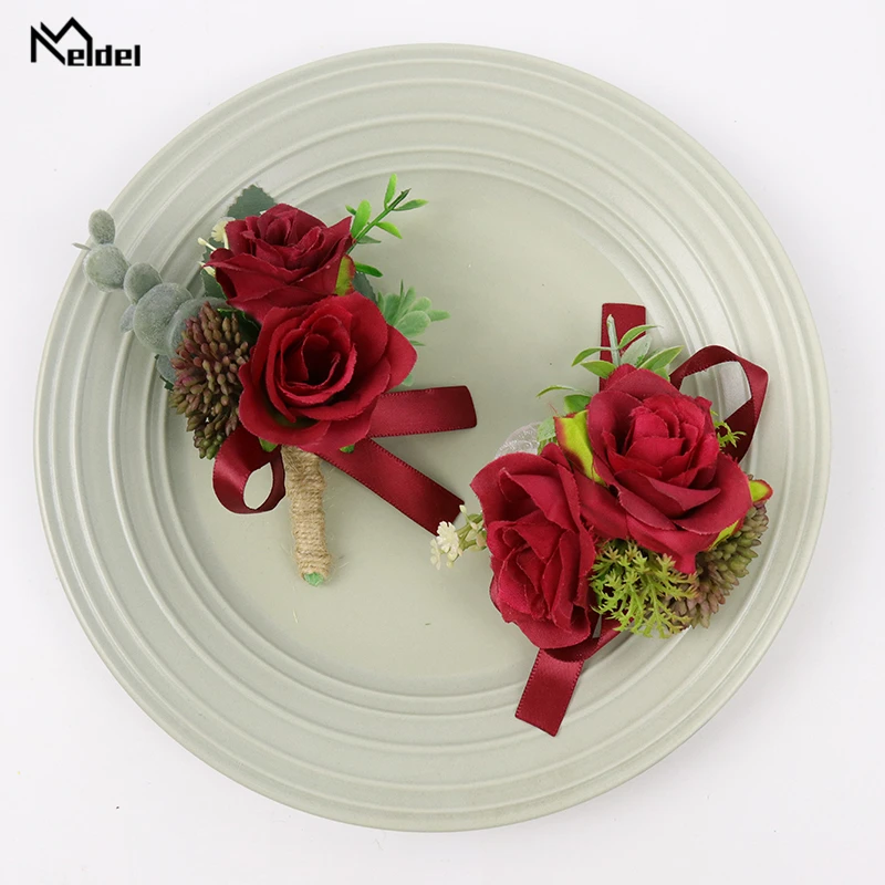 Meldel Bunga Sutra Merah Pernikahan Pergelangan Tangan Korsase Pengiring Pengantin Gelang Groom Boutonniere Pernikahan Adik Tangan Bunga Pria Boutonniere