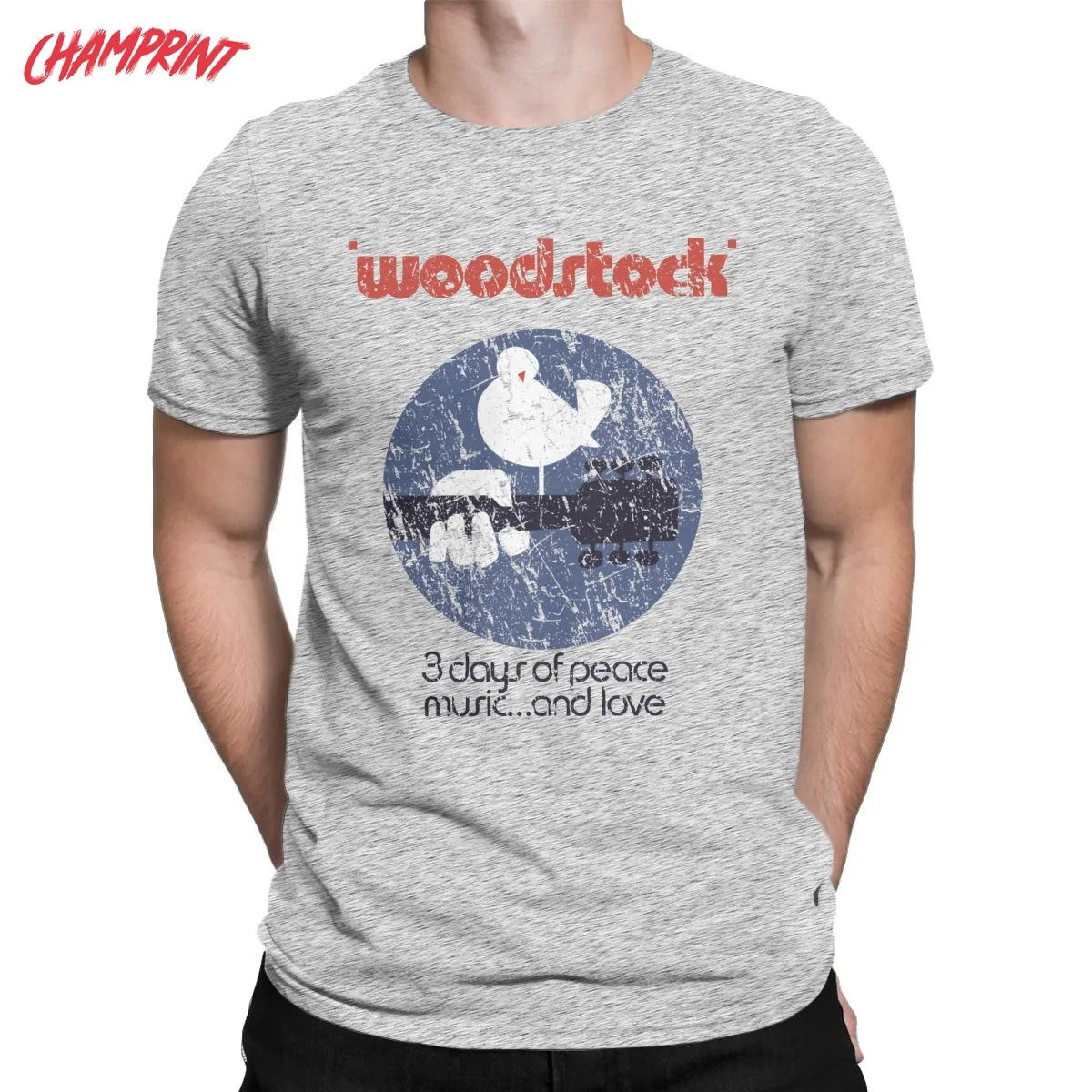 Men T-Shirts Woodstock Vintage Pure Cotton Tees Short Sleeve Peace Love Music T Shirts Crewneck Clothing Big Size