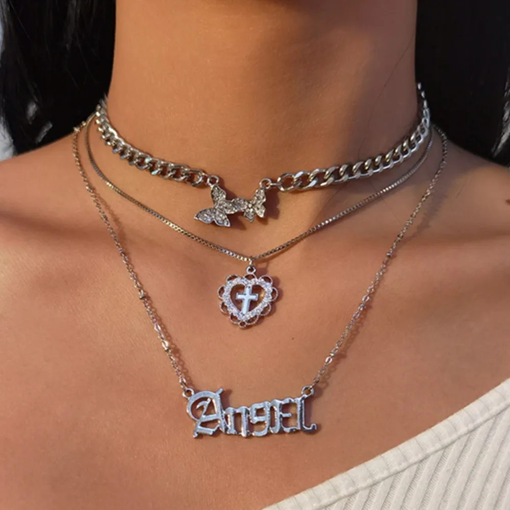 3 Pcs Vintage Rhinestone Multi-Layered Oval Geometric Portrait Cross Pendant Choker Necklace Set Hip Hop Long Chain Necklaces