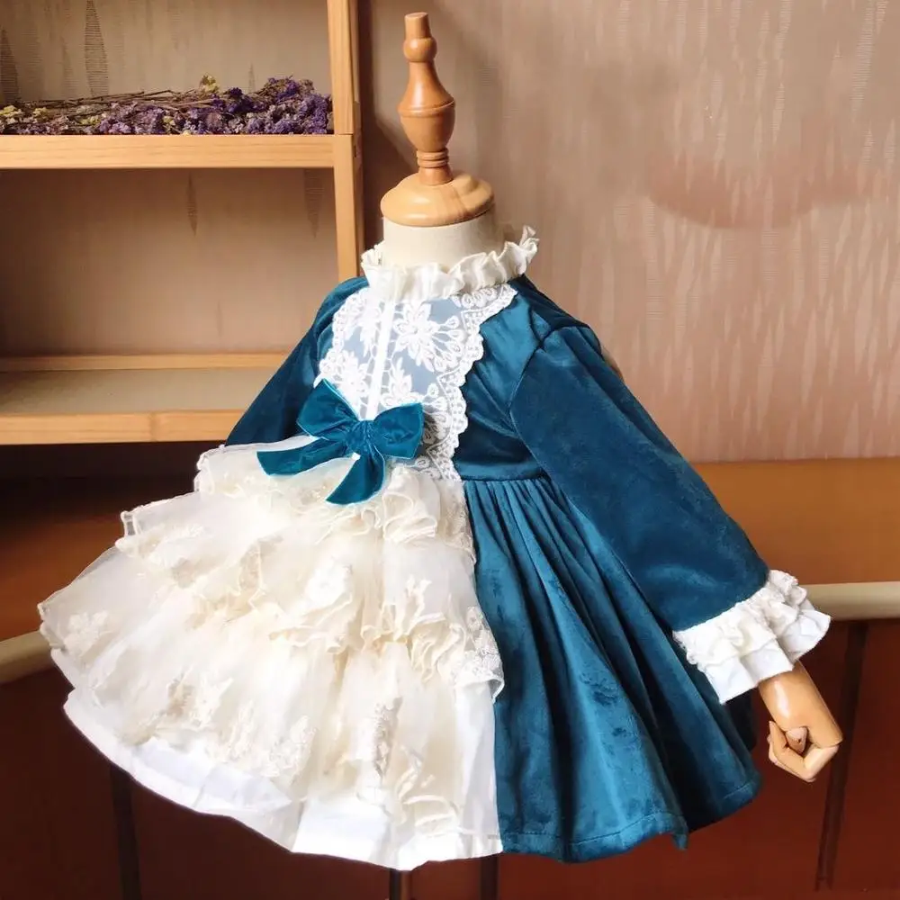 0-12Y Baby Girl Autumn Winter Long Sleeve Blue Velvet Turkish Spanish Vintage Princess Ball Gown Dress for Birthday Christmas C4