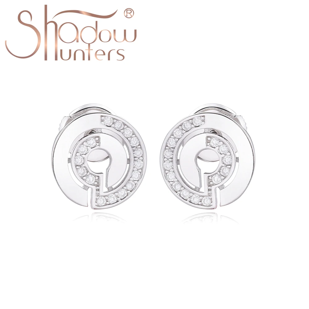 

SHADOWHUNTERS Real 925 Sterling Silver Buckle Stud Earrings Special Design White Zircon Boucles D'oreilles Modern Jewelry Women