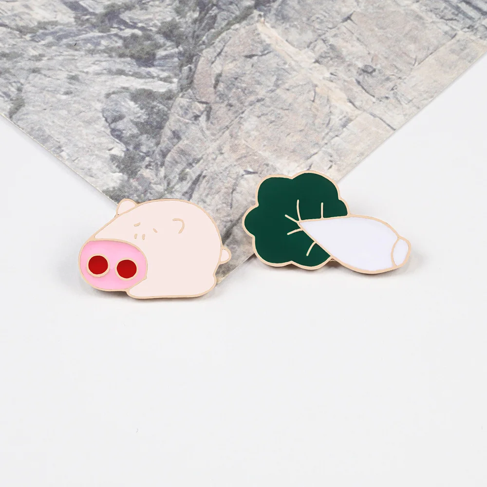 Cartoon Pins Cute Pig and Cabbage Enamel Brooches Animal Vegetable Clothes Lapel Pin Denim Bag Kawaii Brooch Jewelry Kids Gift