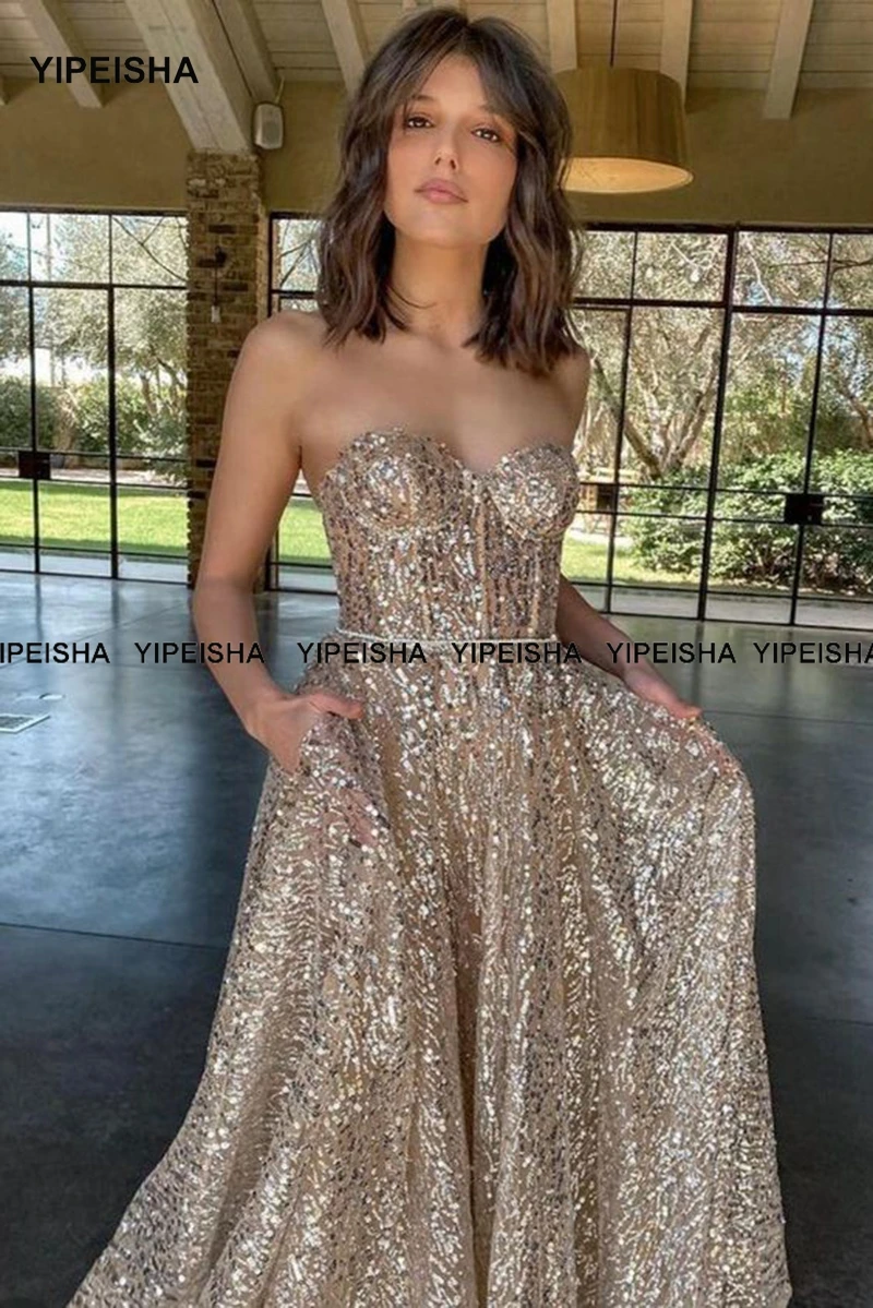 Yipeisha New Glitter A Line Prom Dress Short Sweetheart Backless Evening Gowns Ankle Length Shiny Women Formal Party Dress 2024