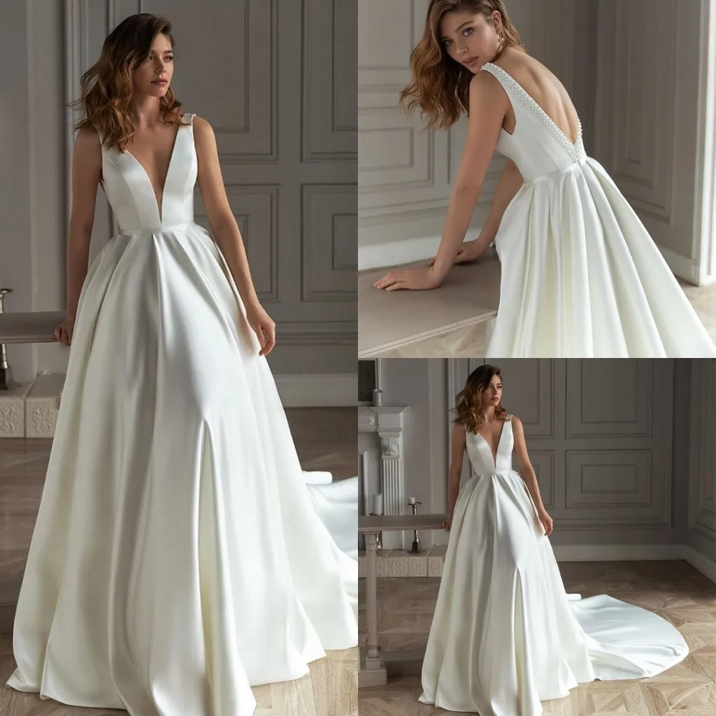 

Customized New Satin Wedding Dress 2023 A-line V-Neck Backless Tank Beading Vestido De Noiva Bridal Gown Bride Robe Mairee