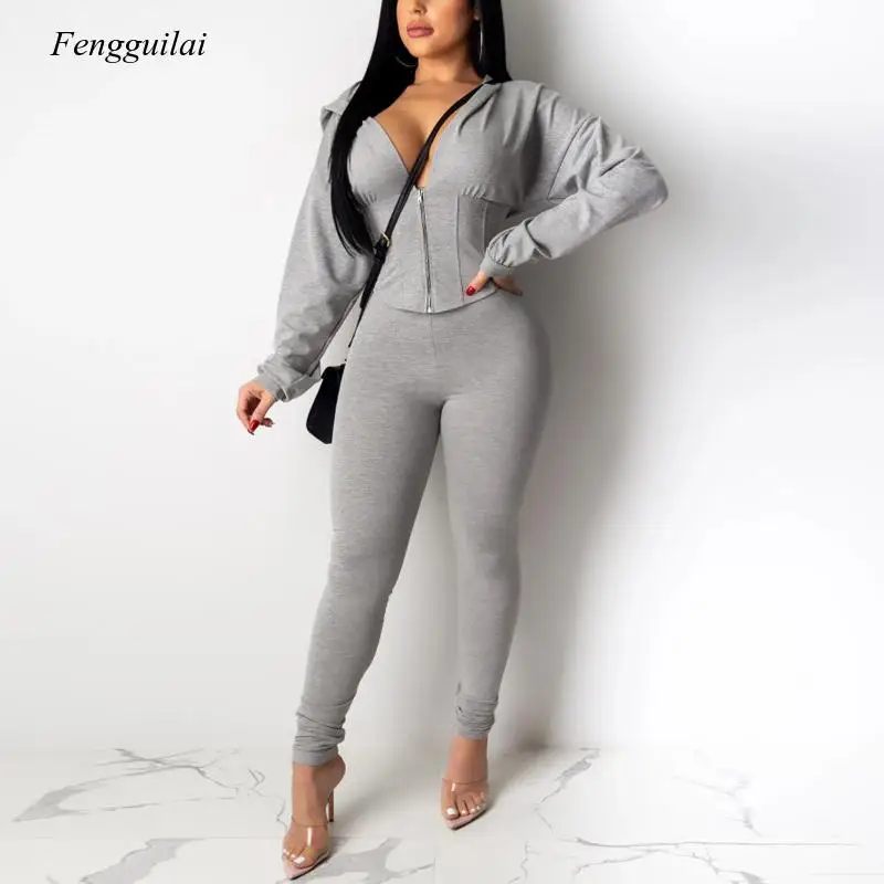 4 Colors Women Two Piece Causal Tracksuit Zip Up Short Hoodies and Skinny Long Pants Set Solid Chic Suits Streetwear