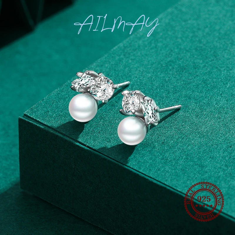 Ailmay Top Quality 925 Sterling Silver Simple Cubic Zirconia Round Pearl Stud Earrings For Women Girls Anti-allergy Fine Jewelry