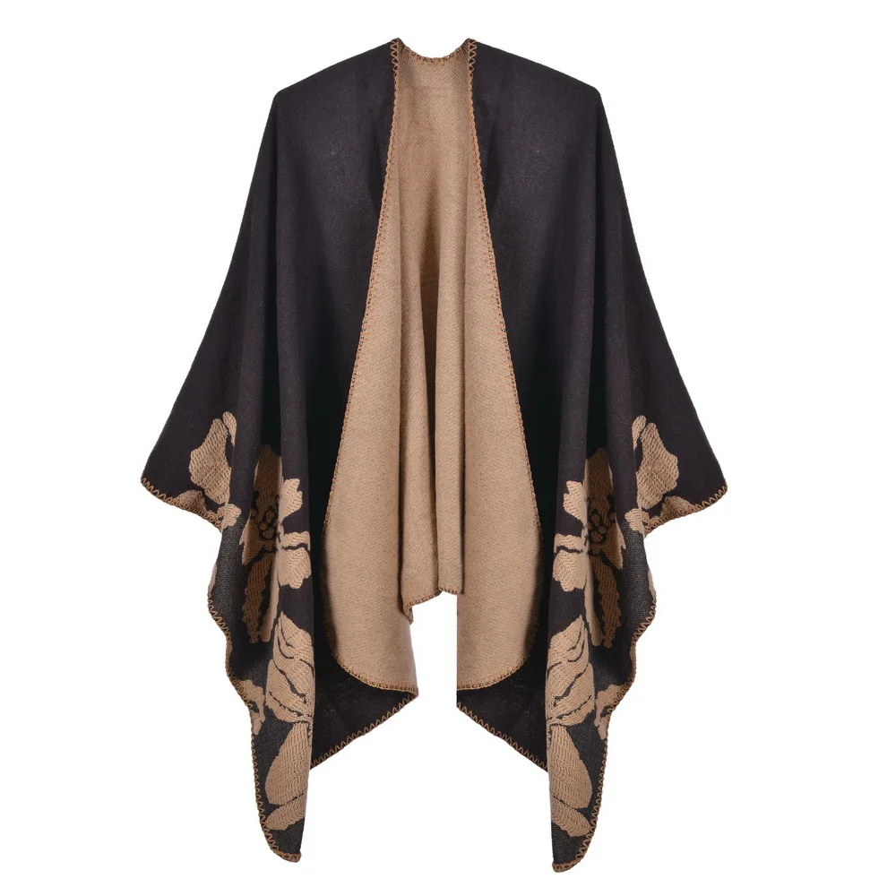 Women Color Block Warm Shawl Wrap Open Front Poncho Ruana Cape Oversized Cardigan Long Winter Reversible Soft Knit Sweater Coat