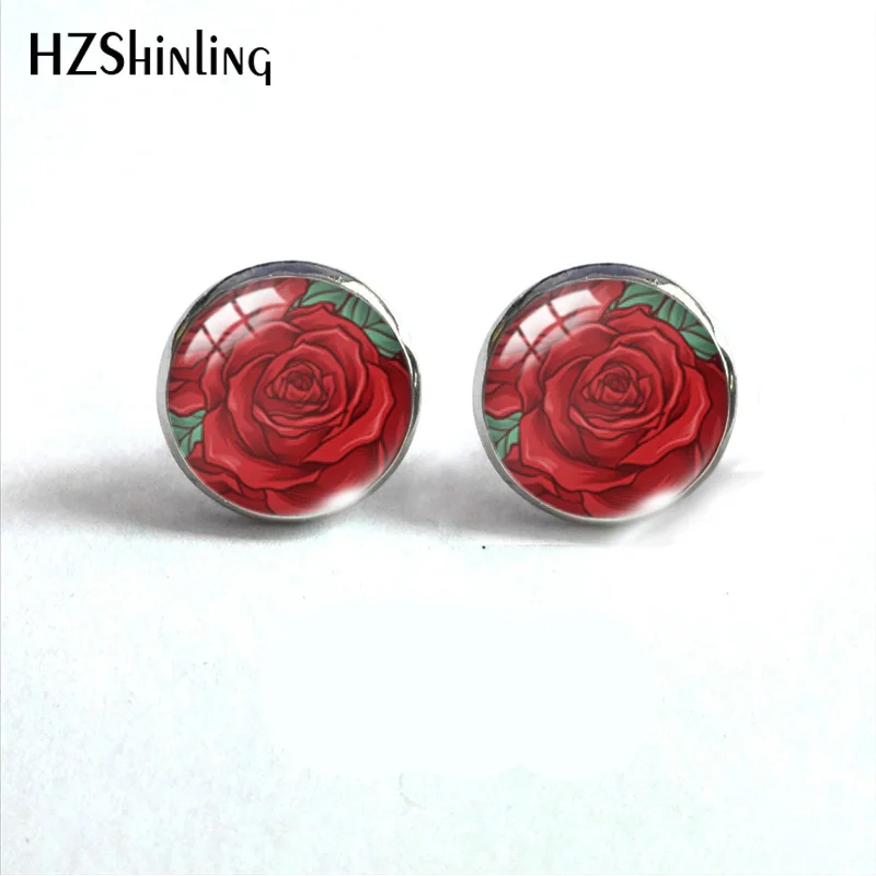 Red Rose Pattern Glass Cabochon Round 12mm Earrings Jewelry Handmade Crafts Earrings for women