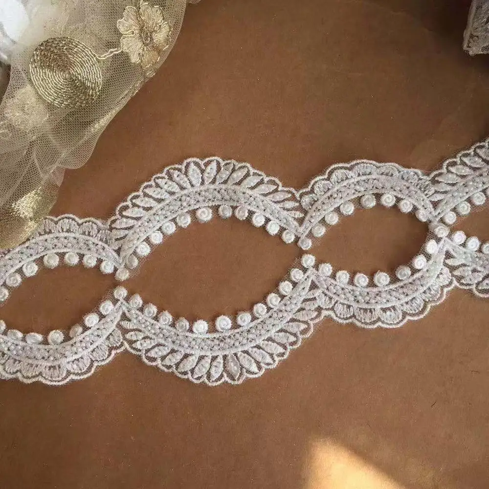 5cm Rayon embroidery Ivory lace trim beaded wedding veils lace trimming, beading lace for gowns, 5 yards=1 lot