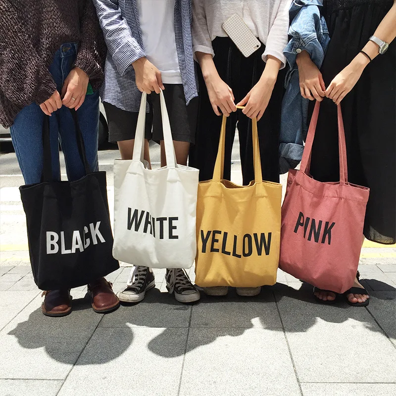 Handbag Tote for Women Canvas Shopping Bag Solid Color Letters Print Shoulder Bag Cotton Shopper Bags