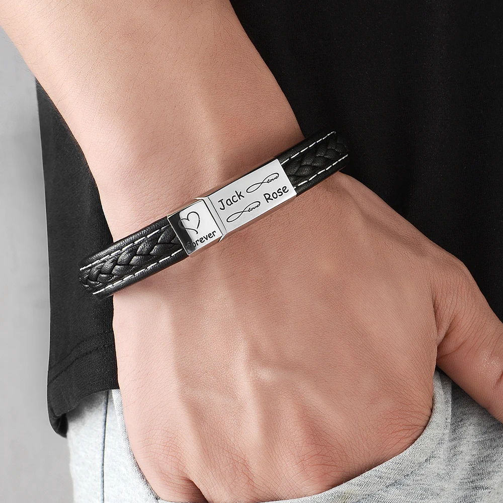 Personalized Names Bracelet for Men Braided Leather Bangle Stainless Steel Magnet Jewelry Custom Family Name Bracelets Gifts