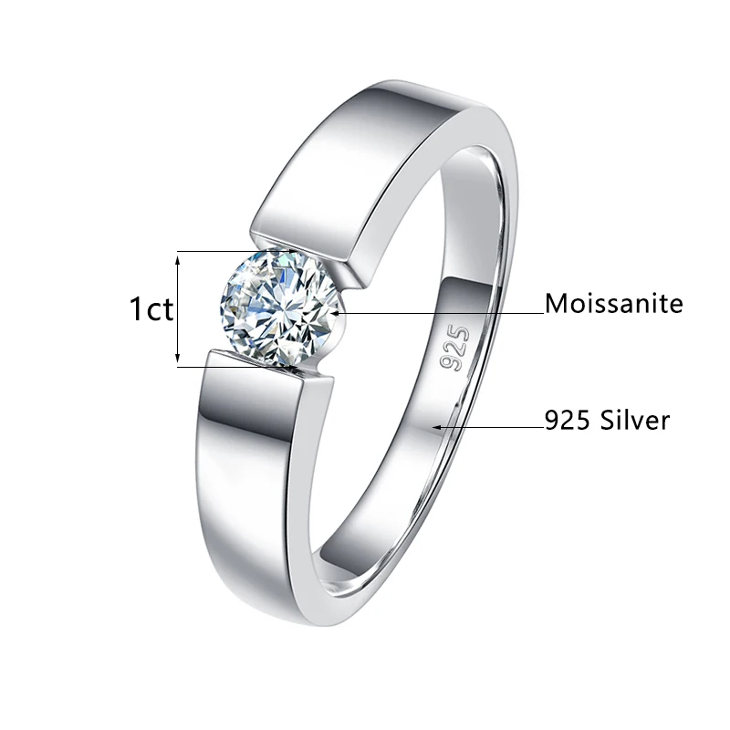 Echter 0,5-1 Karat Runder Schliff Moissanit-Ring für Herren Massives Sterling Silber 925 Zertifizierte Eheringe Paar Luxus-Schmuck Trend Neu – Detail 1