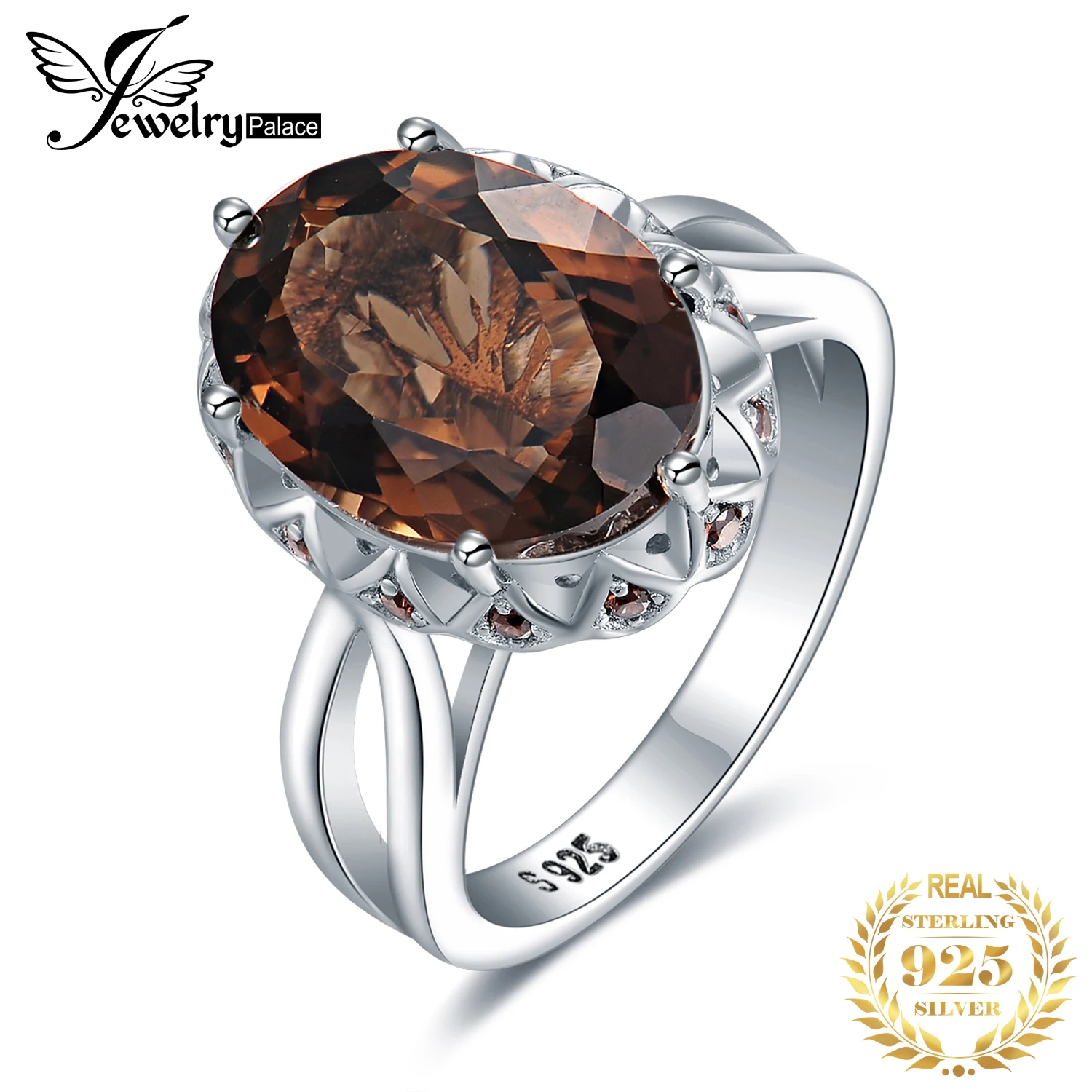 JewelryPalace Duży 5,7 ct Prawdziwy owalny kwarc dymny 925 Sterling Silver Duży kamień szlachetny Pierścionki koktajlowe dla kobiet Biżuteria