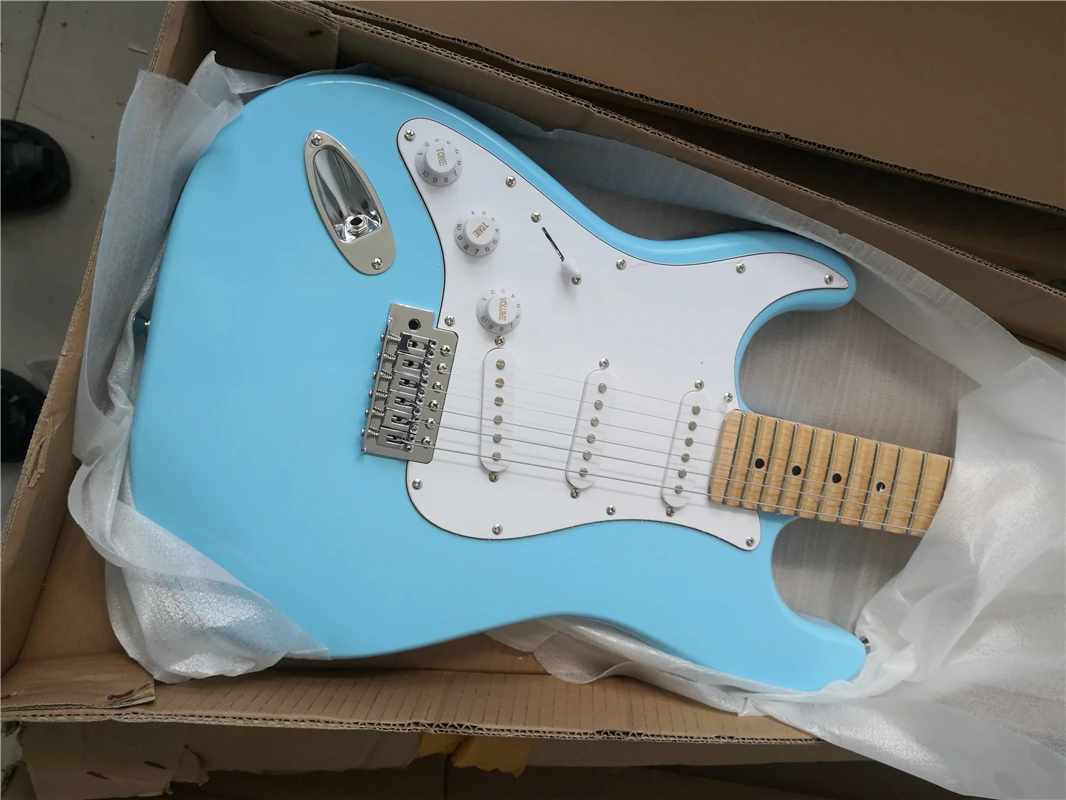 free shipping handling inventory left hand electric guitar,HHH pickups,maple neck ,chrome buttons,basswood body