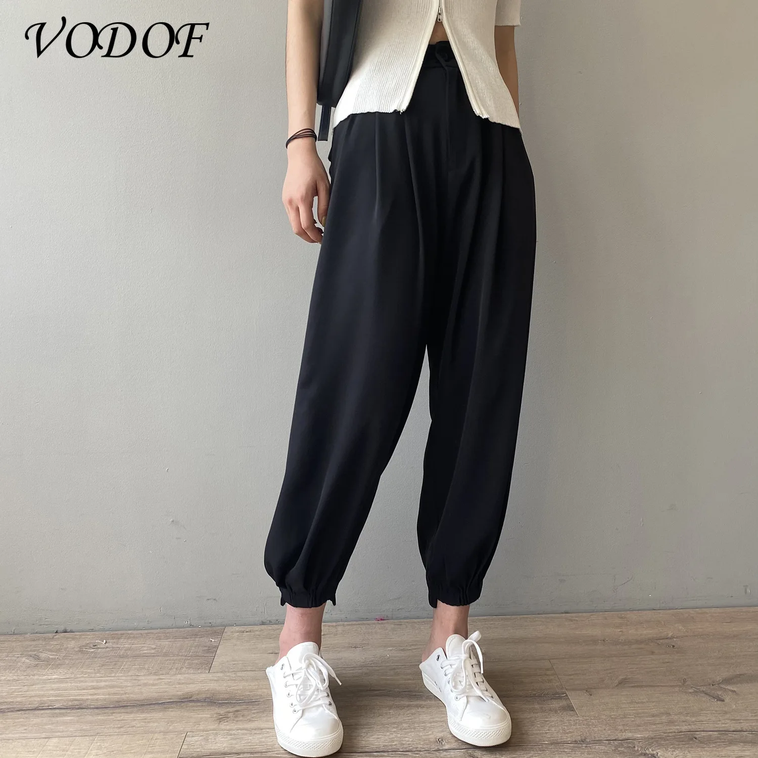 VODOF – pantalon taille haute avec ceinture et poches pour femme, tenue de bureau à la mode, rose et jaune, pour personne d'âge moyen