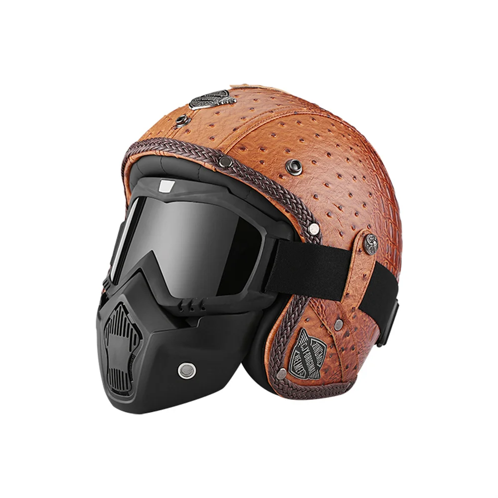 German Vintage PU Leather Jet Helmet DOT approved Chopper Bobber Cafe Racer Motocross Scooter Capacete With Goggle Moto Casco